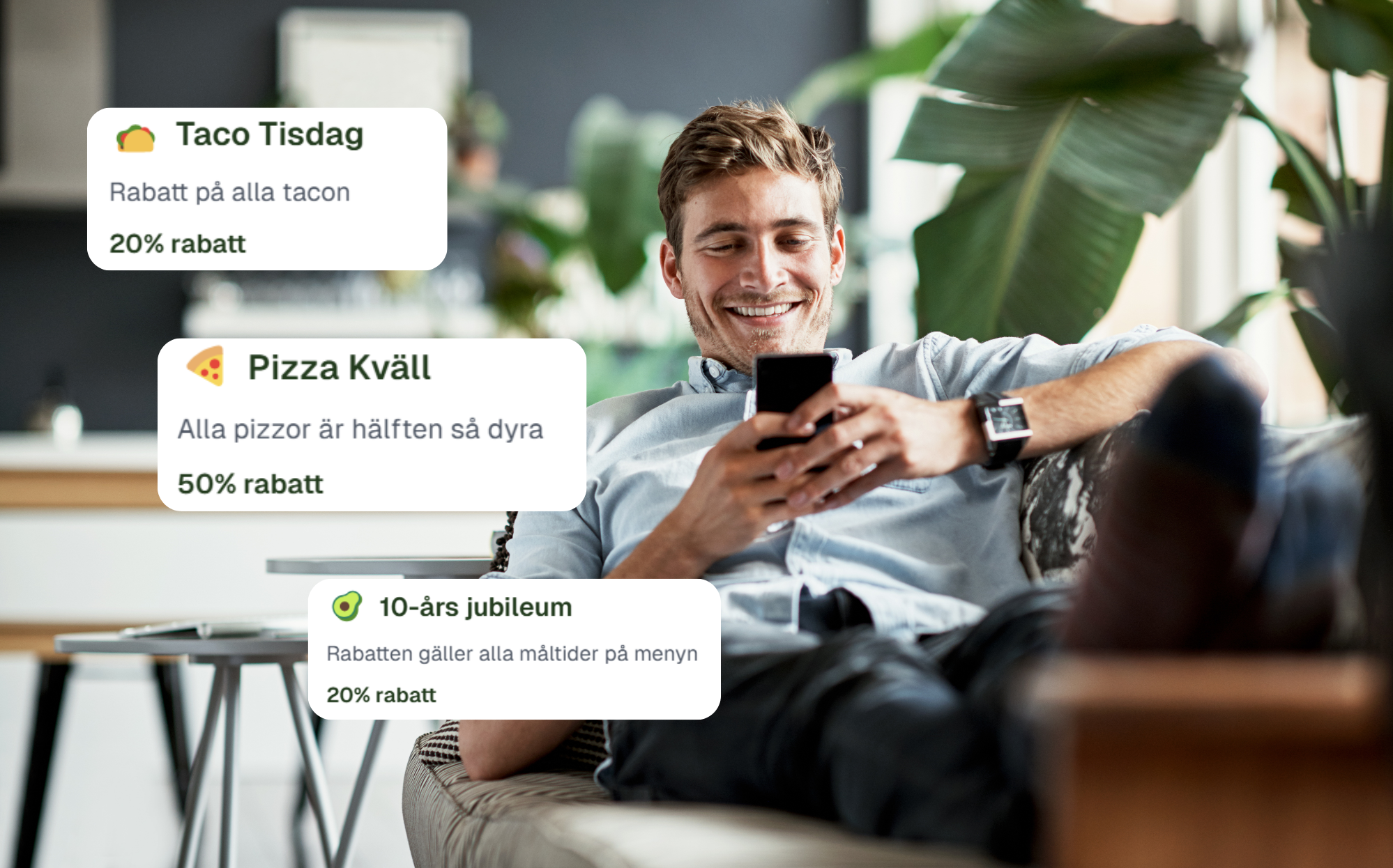 Person using phone with food offers